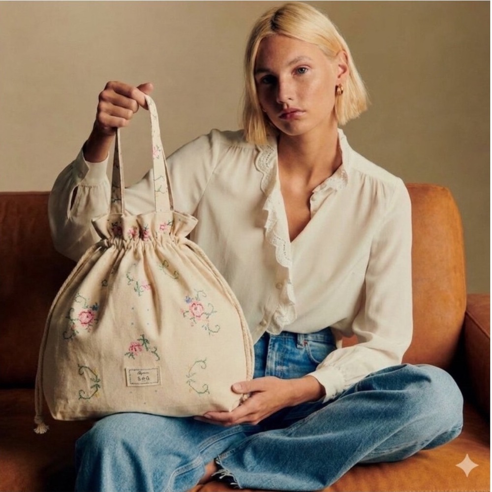 Sezane x Sea New York Floral Embroidered Lace Drawstring Tote Bag Cream